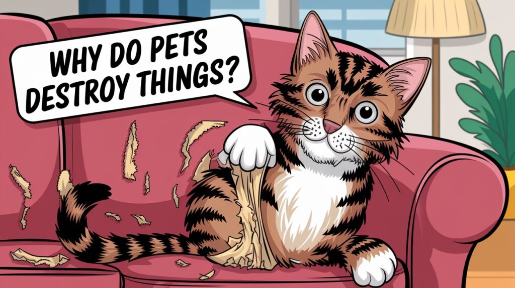 a caroon image of a cat clawing up a sofa with text overlay that says "Why do Pets Destroy Things?"