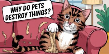 a caroon image of a cat clawing up a sofa with text overlay that says "Why do Pets Destroy Things?"