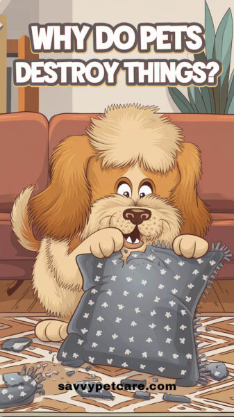 a cartoon image of dog chewing a sofa cushion with text overlay that says "Why do Pets Destroy Things?"