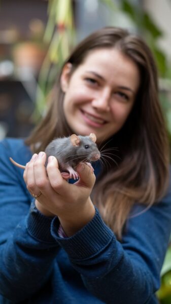 A photo of a woman holding a rat which is one of the most popular pocket pets.