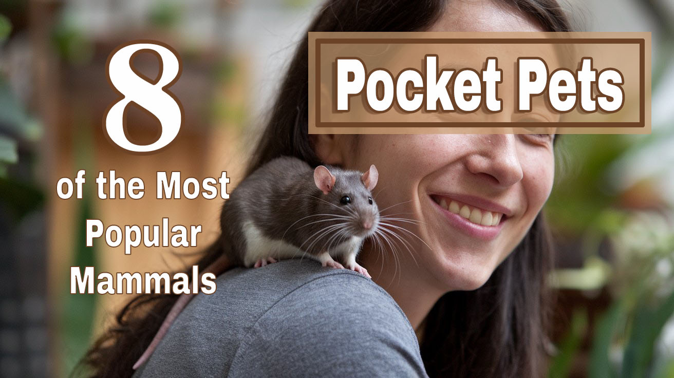 A photo of a woman with a rat on her shoulder. Text overlay says Pocket Pets 8 of the Most Popular Mammals.