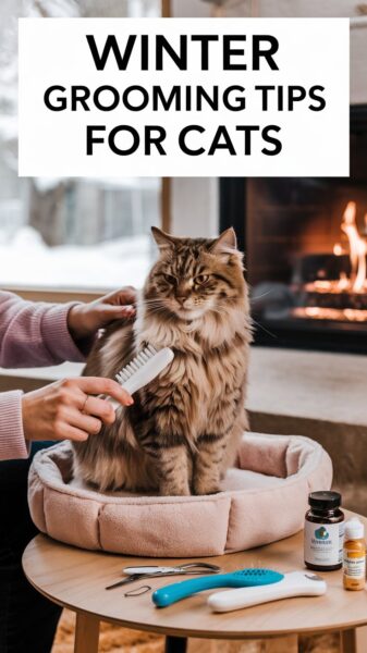 Cat being brushed in front of a fireplace with a winter scene out the window. Text says Winter Grooming Tips for Cats.