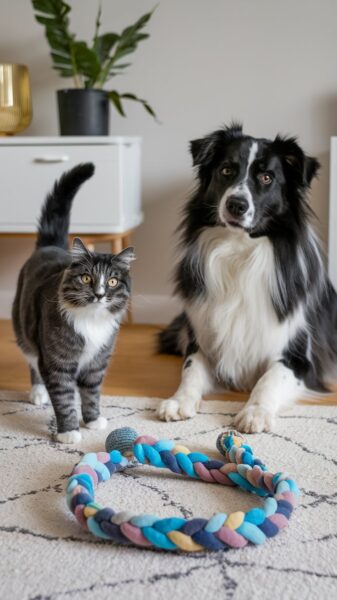 A dog and a cat by a homemade rope dog toy, DIY Pet Care Hack #1 of 10