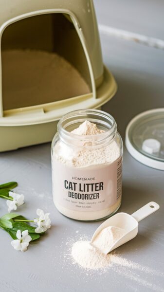 A jar of homemade cat litter deodoriser, DIY Pet Care Hack #2 of 10.