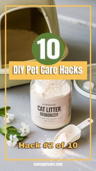 A jar of homemade cat litter deodorizer in front of a litter box with text that says 10 DIY Pet Hacks Hack #7 of 10