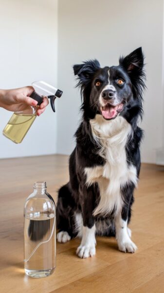 A dog being sprayed with homemade flea repellent spray, DIY Pet Care Hack #3 of 10