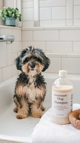 A dog getting a bath with homemade dog shampoo, #4 of 10 DIY Pet Care Hacks