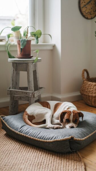 A dog laying on a comfortable homemade dog bed, Hack #6 of 10