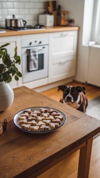 A dog looking up at a plate of homemade pet treats on the table. Hack #6 of 10