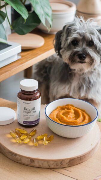 A jar of fish oil supplements and a dish of pumpkin wit a dog sitting nearby. DIY hack #7 of 10