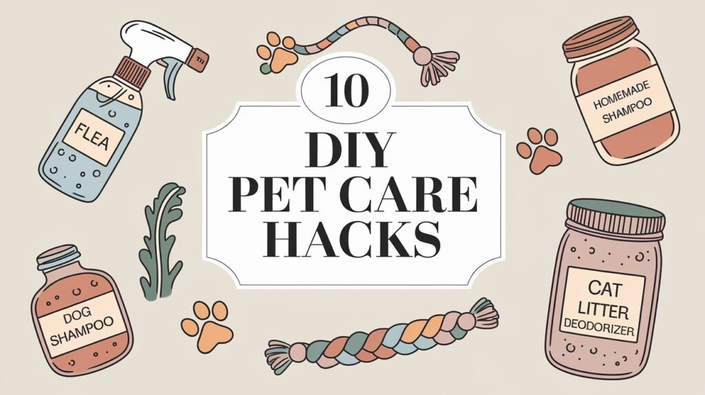 An illustration of some of the DIY Pet Care Hacks in this post,