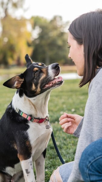 A dog "listening" to and bonding with its owner.