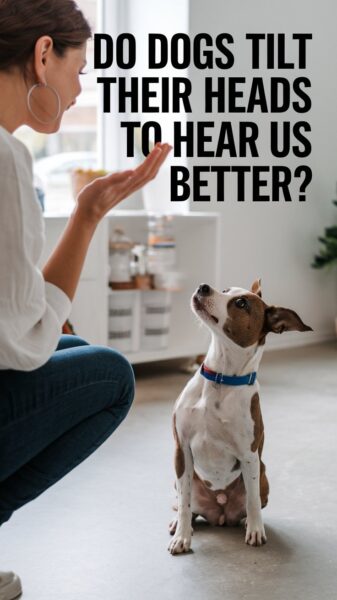 A dog with a tilted head looking at its owner with text that says Do dogs tilt their heads to hear us better?