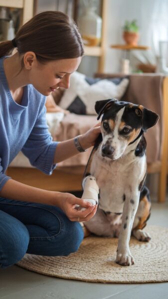 A caring pet owner tending to a dog with a paw bandage, set in a cozy home environment. The scene shows gentle care and trust between the pet and owner.