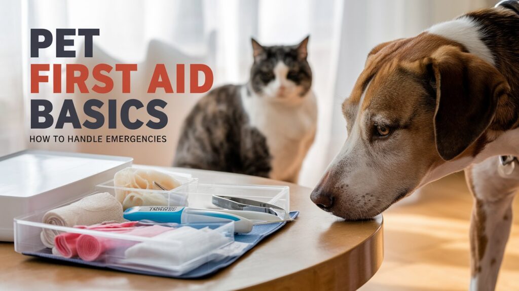 A close-up of a well-organized pet first aid kit on a wooden table, featuring essentials like gauze, tweezers, a thermometer, and antiseptic wipes. A curious dog is sniffing the edge of the table while a cat sits calmly in the background. Text overlay says Pet First Aid Basics How to Handle Emergencies.