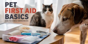 A close-up of a well-organized pet first aid kit on a wooden table, featuring essentials like gauze, tweezers, a thermometer, and antiseptic wipes. A curious dog is sniffing the edge of the table while a cat sits calmly in the background. Text overlay says Pet First Aid Basics How to Handle Emergencies.