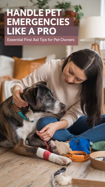 A heartwarming image of a caring pet owner tending to a dog with a paw bandage, set in a cozy home environment. Overlay text says: "Handle Pet Emergencies Like a Pro – Essential First Aid Tips for Pet Owners.