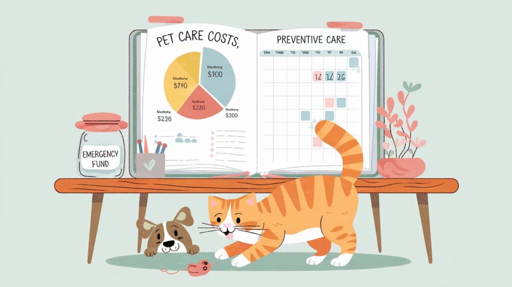 An illustration of a cozy home office desk with a pet-themed budget planner open. The scene includes a colorful pie chart labeled 'Pet Care Costs,' a small jar labeled 'Emergency Fund,' and a calendar with marked preventive care dates