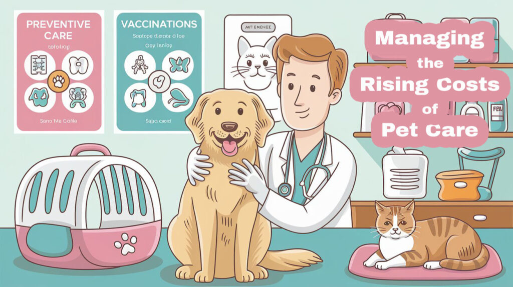 An illustration featuring a playful, cartoon-style veterinary clinic. A smiling vet examines a happy golden retriever while a cat lounges nearby. Text says "Managing the Rising Costs of Pet Care"