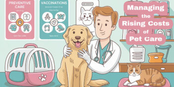 An illustration featuring a playful, cartoon-style veterinary clinic. A smiling vet examines a happy golden retriever while a cat lounges nearby. Text says "Managing the Rising Costs of Pet Care"