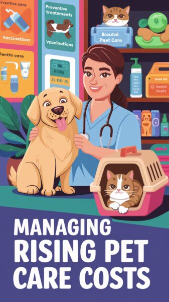 An illustration featuring a playful, cartoon-style veterinary clinic. A smiling vet examines a happy golden retriever while a cat lounges in a carrier nearby. Text says Managing Rising Pet Care Costs