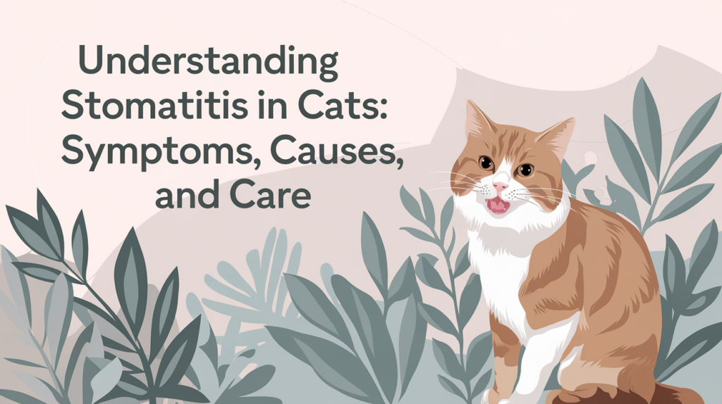 A graphic design of a cat with text that says Understanding Stomatitis in Cats: Symptoms, Causes, and Care