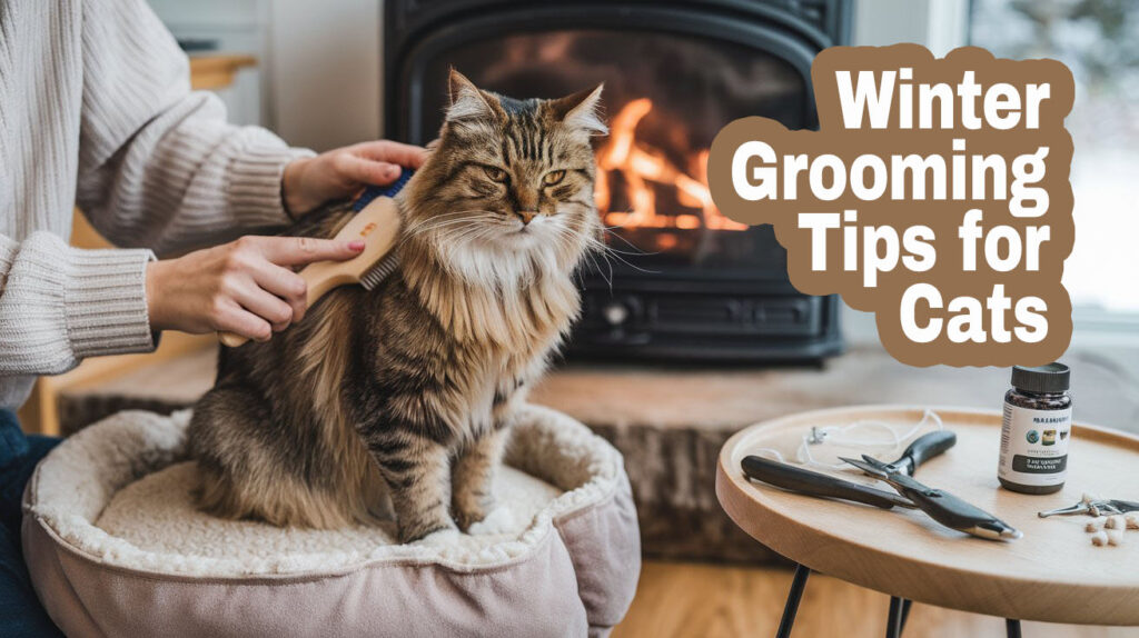 a cat is being brushed in front of a fireplace suggesting winter season. Text says Winter Grooming Tips for Cats