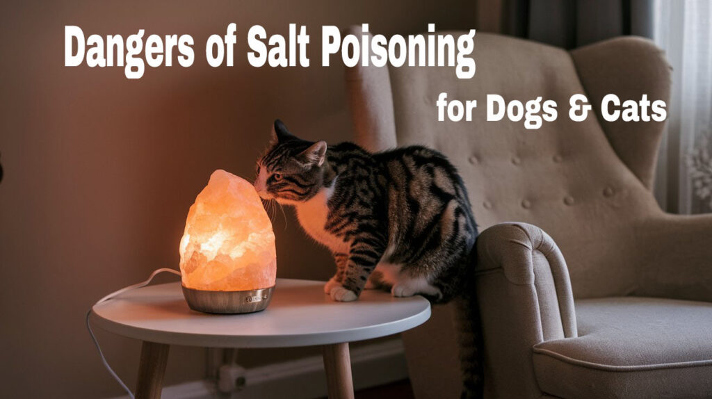 A photo of a cat licking a Himalaya salt lamp with text that says Dangers of Salt Poisoning in Dogs and Cats.