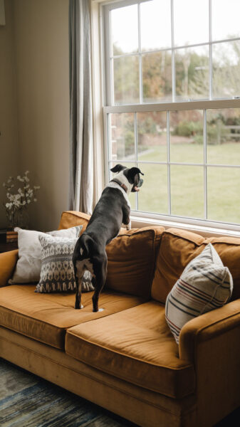 A dog anxiously looking out the window for its owner