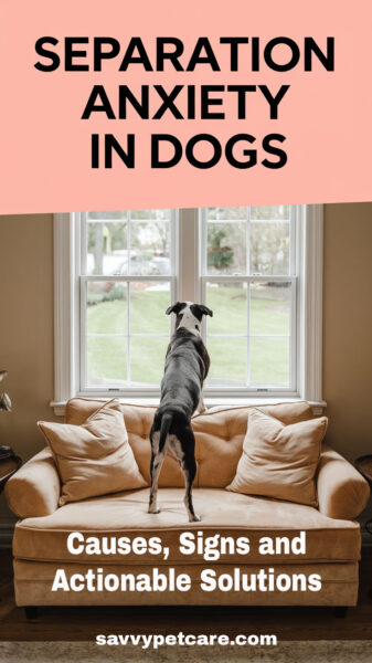 A dog looking out the window with text that says Separation Anxiety in Dogs Causes, Signs and Actionable Solutions