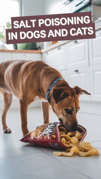 A photo of a dog tearing into a bag of chips and text that says Salt Poisoning in Dogs and Cats