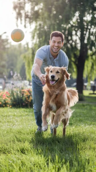 A man playing fetch with his golden retriever.