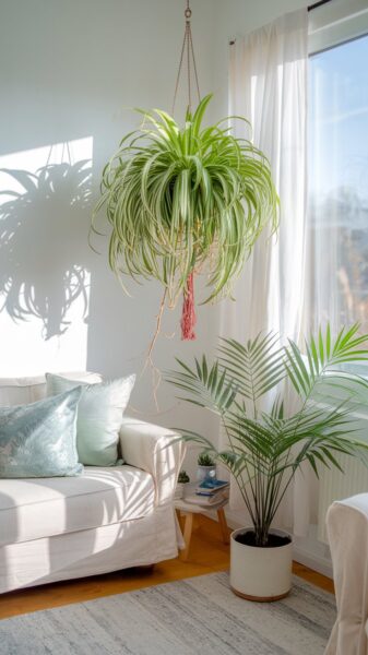 A pet-safe spider plant hanging in the corner of a brightly lit room.