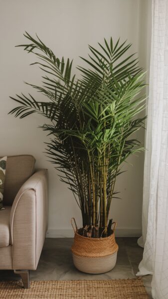 A bamboo palm is in the corner near a window.