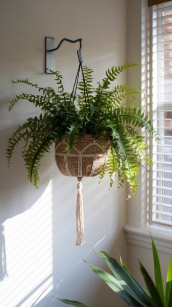 A fern hanging in front of a window.