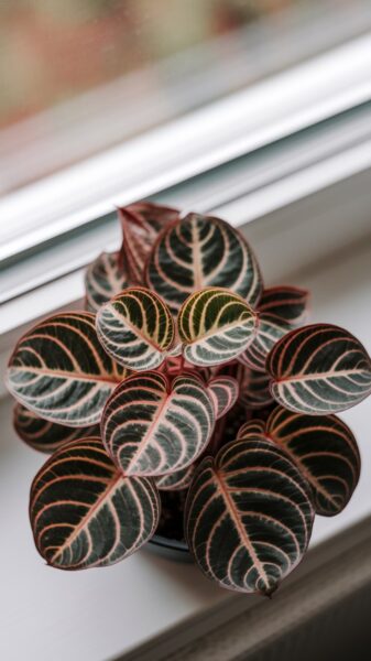 Close-up of a beautiful pet-safe prayer plant on a wind sill.