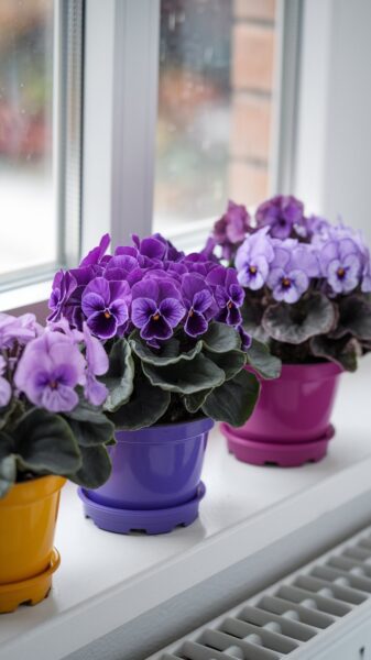 A trio of pet-safe African violet houseplants on a sunny window sill.