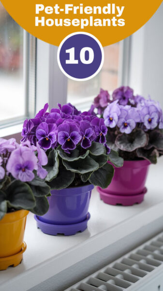 Three African violets with text overlay that says 10 Pet-FriendlyHouseplants