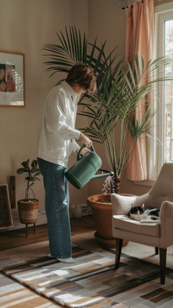 A woman watering a houseplant