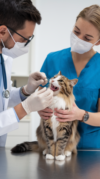 A veterinarian is examining a cat's mouth.