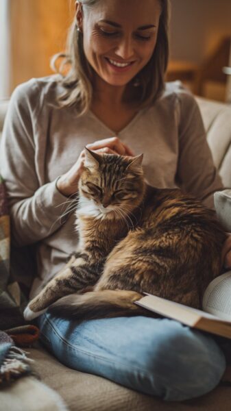 A woman sitting on a couch petting her cat.