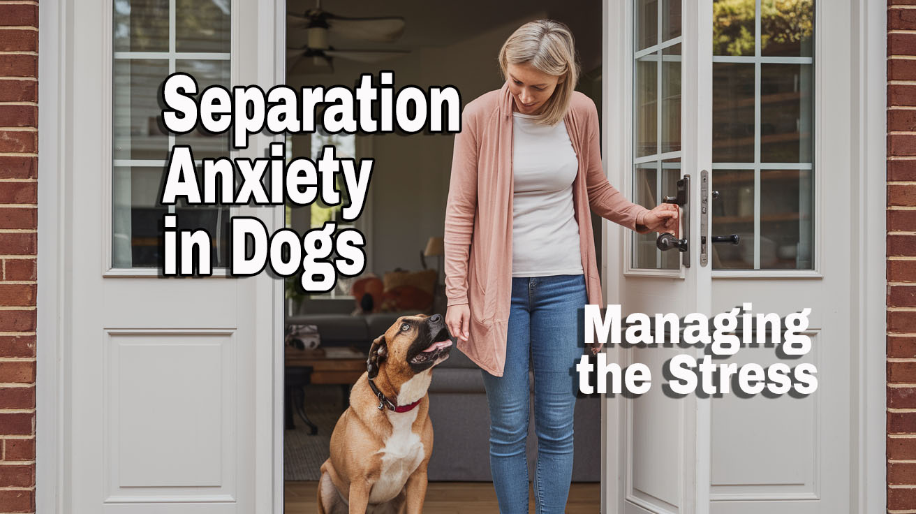 A dog is at the front door anxiously looking up at the owner who is about to leave the house. Text says Separation Anxiety in Dogs Managing the Stress