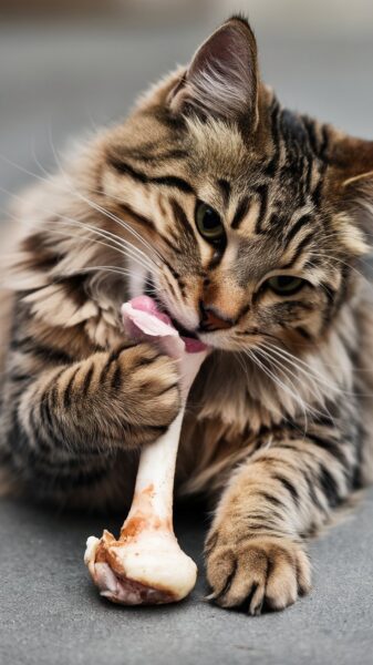 A cat chewing on a bone