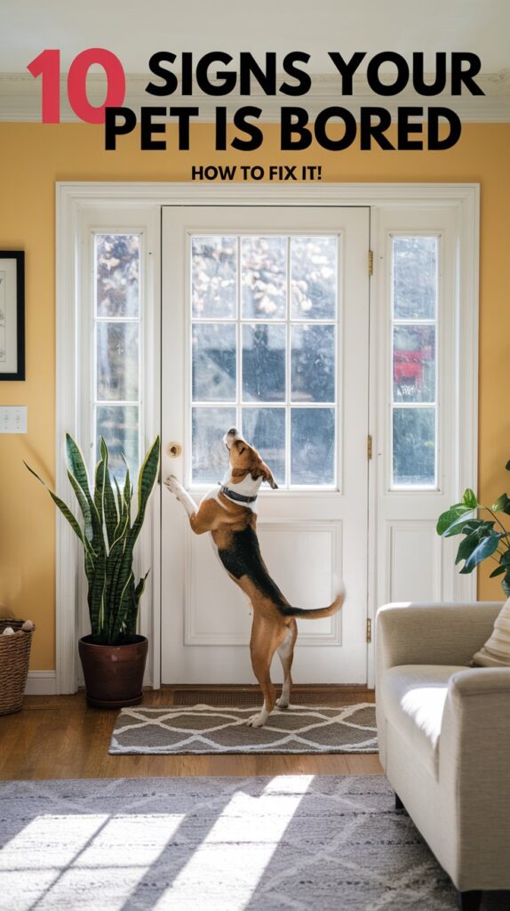 A dog scratching and jumping on the door with text that says 10 Signs Your Pet is Bored How to Fix It!