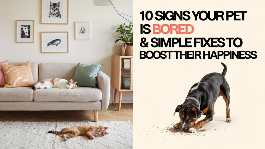 Sleeping cats and a dog digging with text that says 10 Signs Your Pet is Bored and Simple Fixes to Boost Their Happiness