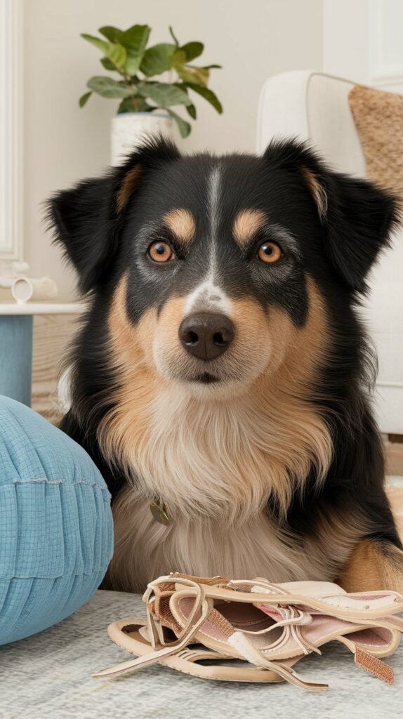 A bored dog sitting with a pair of destroyed shoes.