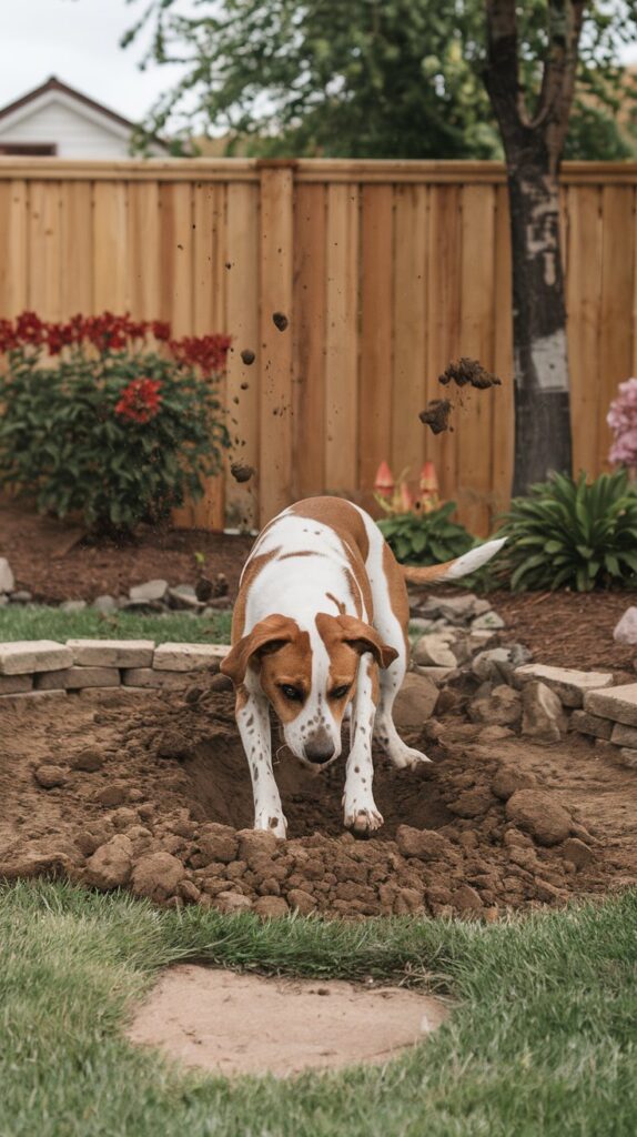 A bored dog digging a large hole in a nicely landscaped yard.