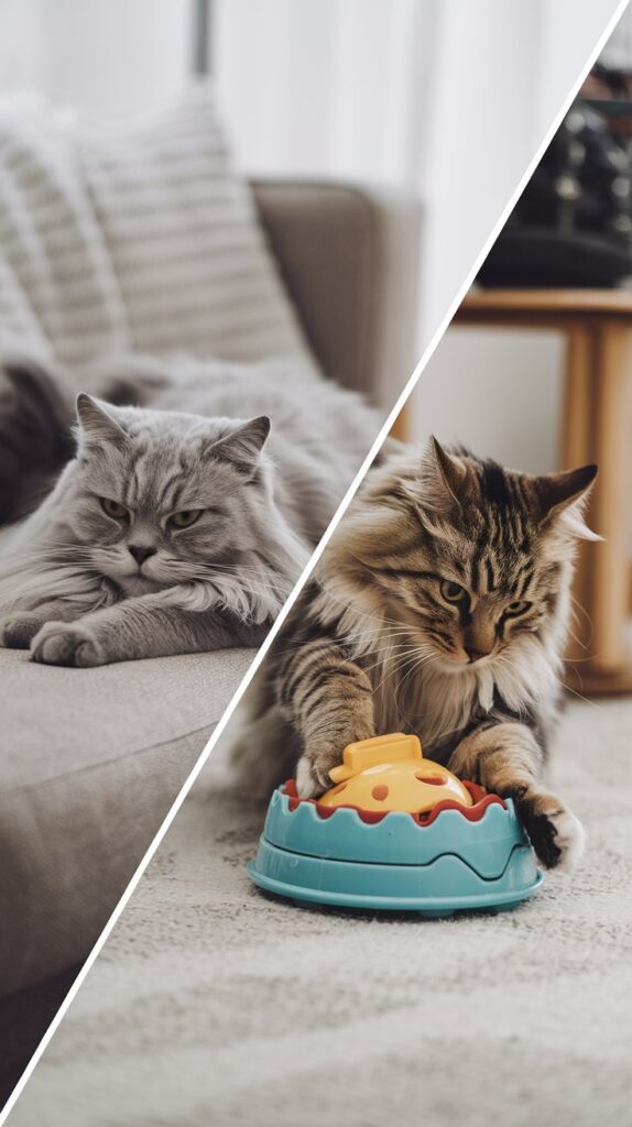 A bored, sleeping cat vs a cat playing with an interactive toy.