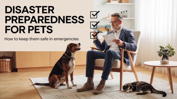 A man is checking items off of a pet disaster preparedness checklist. A dog and cat are nearby.