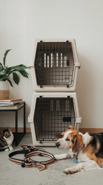 Two pet crates stacked ready in an emergency for the dog and cat